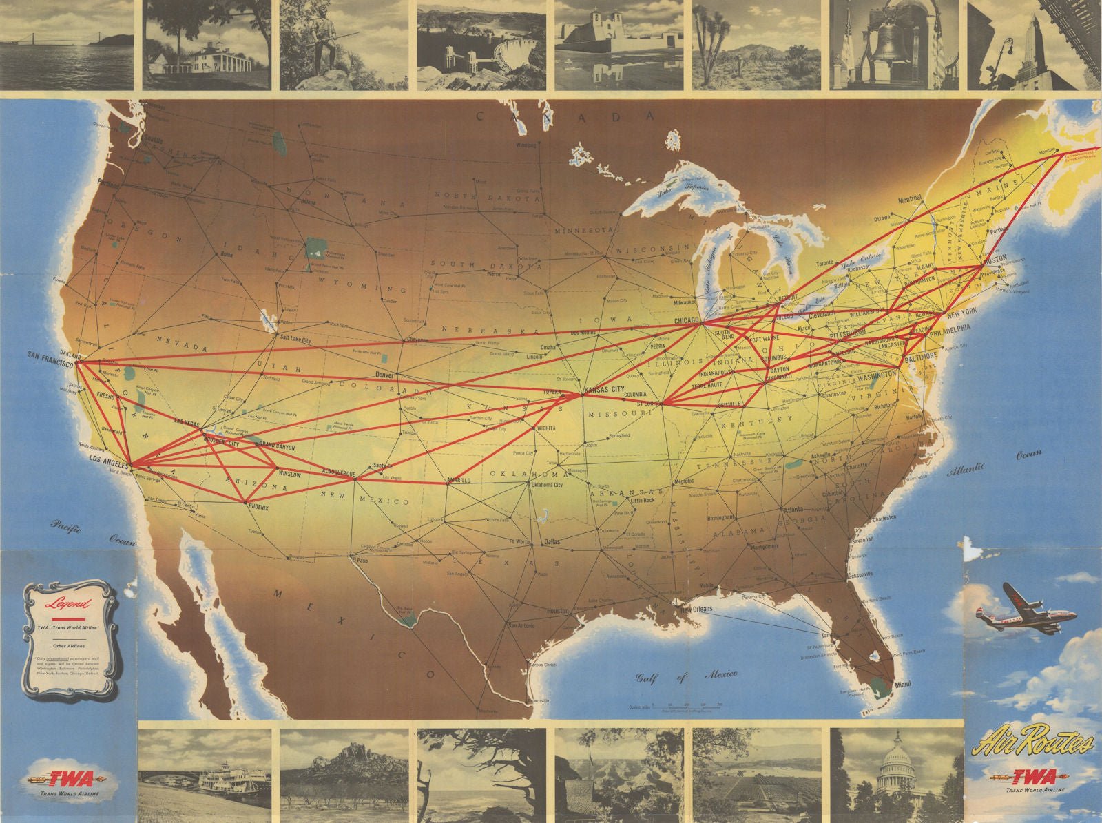 Air routes - TWA - Trans World Airline network system map. 24